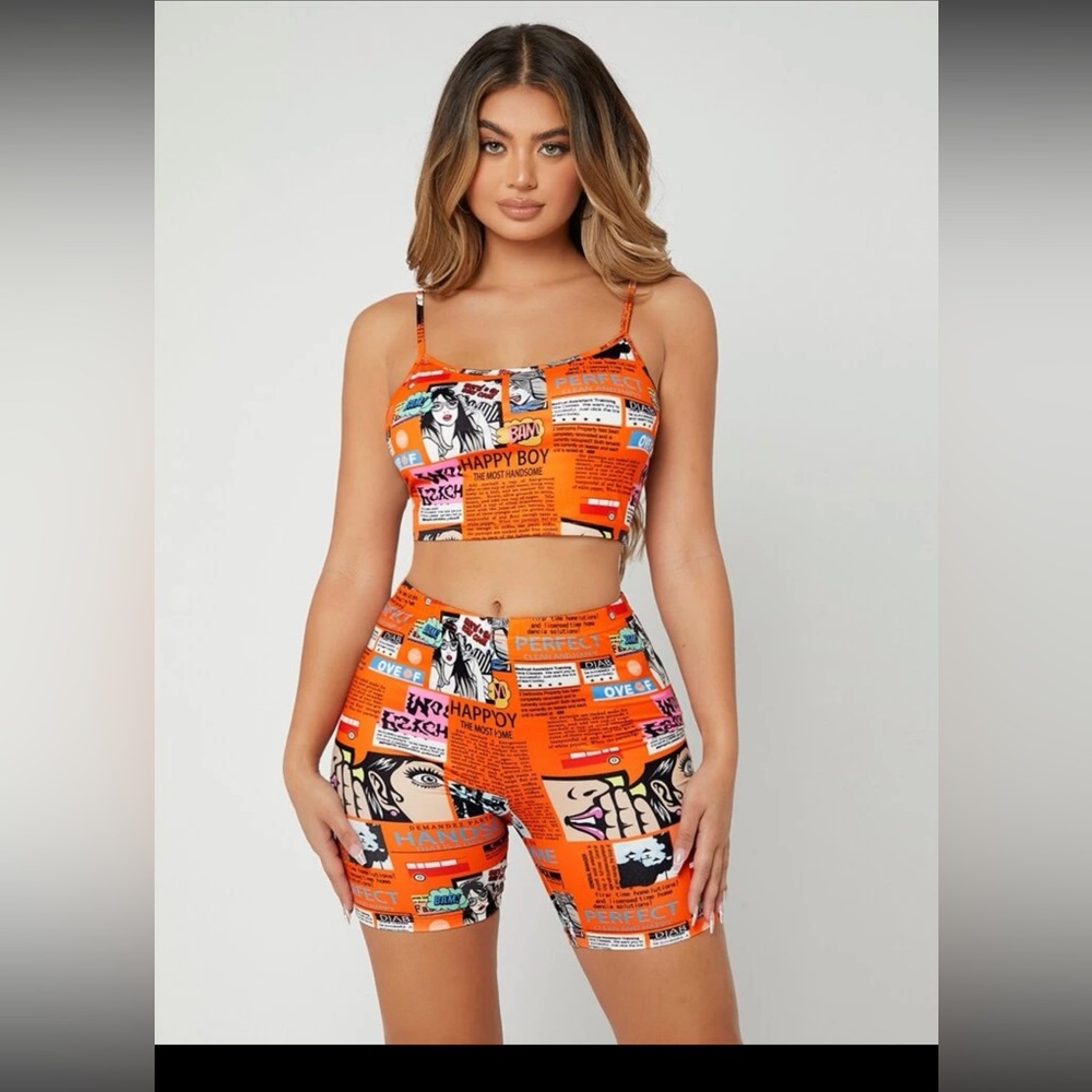 Two piece set pop art shein xs women comic graphic orange cami top biker short